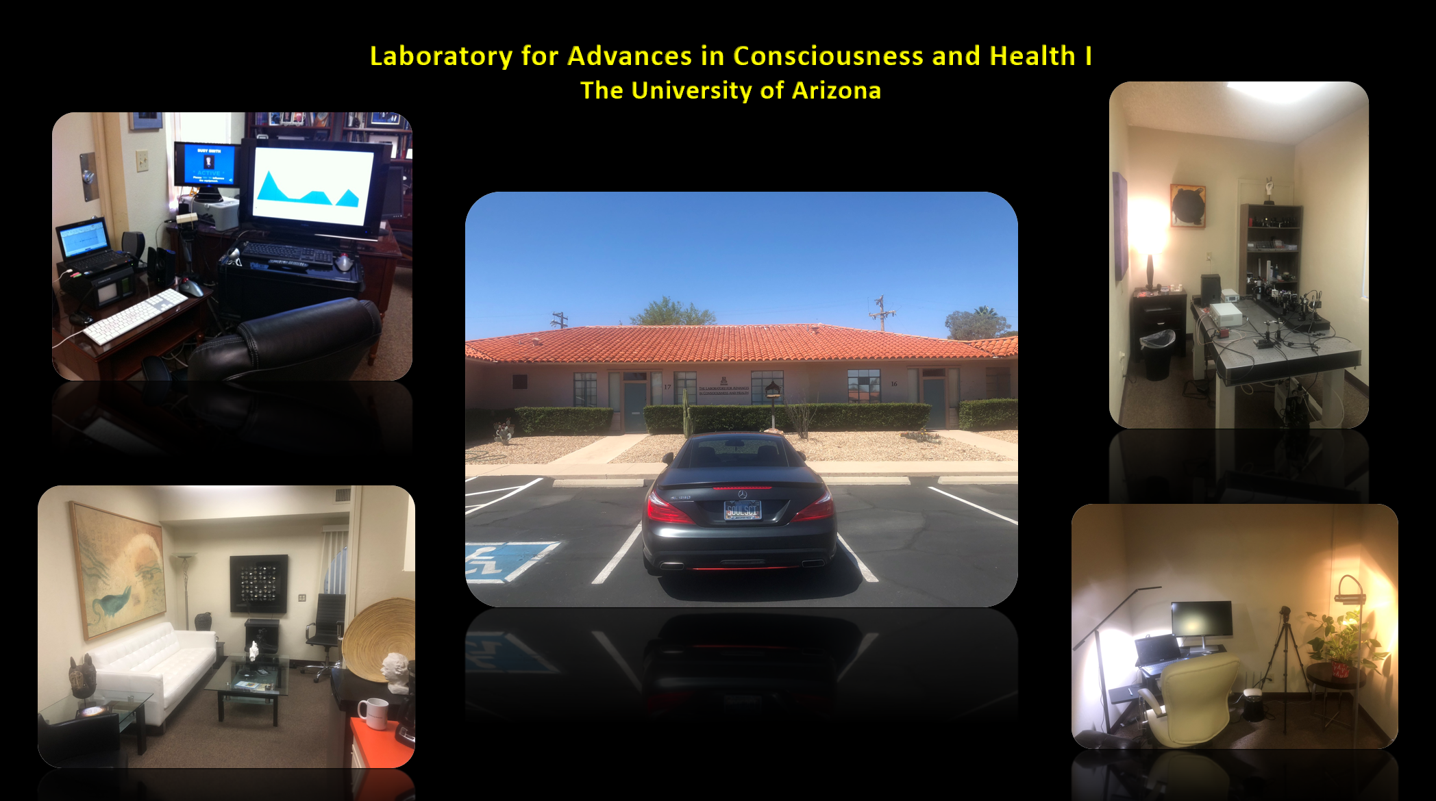 Composite image of the Laboratory for Advances in Consciousness and Health I building and laboratory rooms